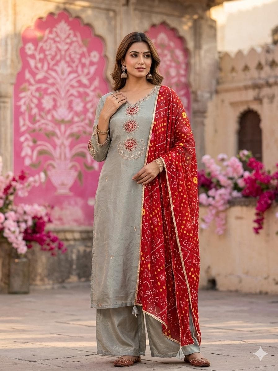 Sage Bandhani Elegance Suit